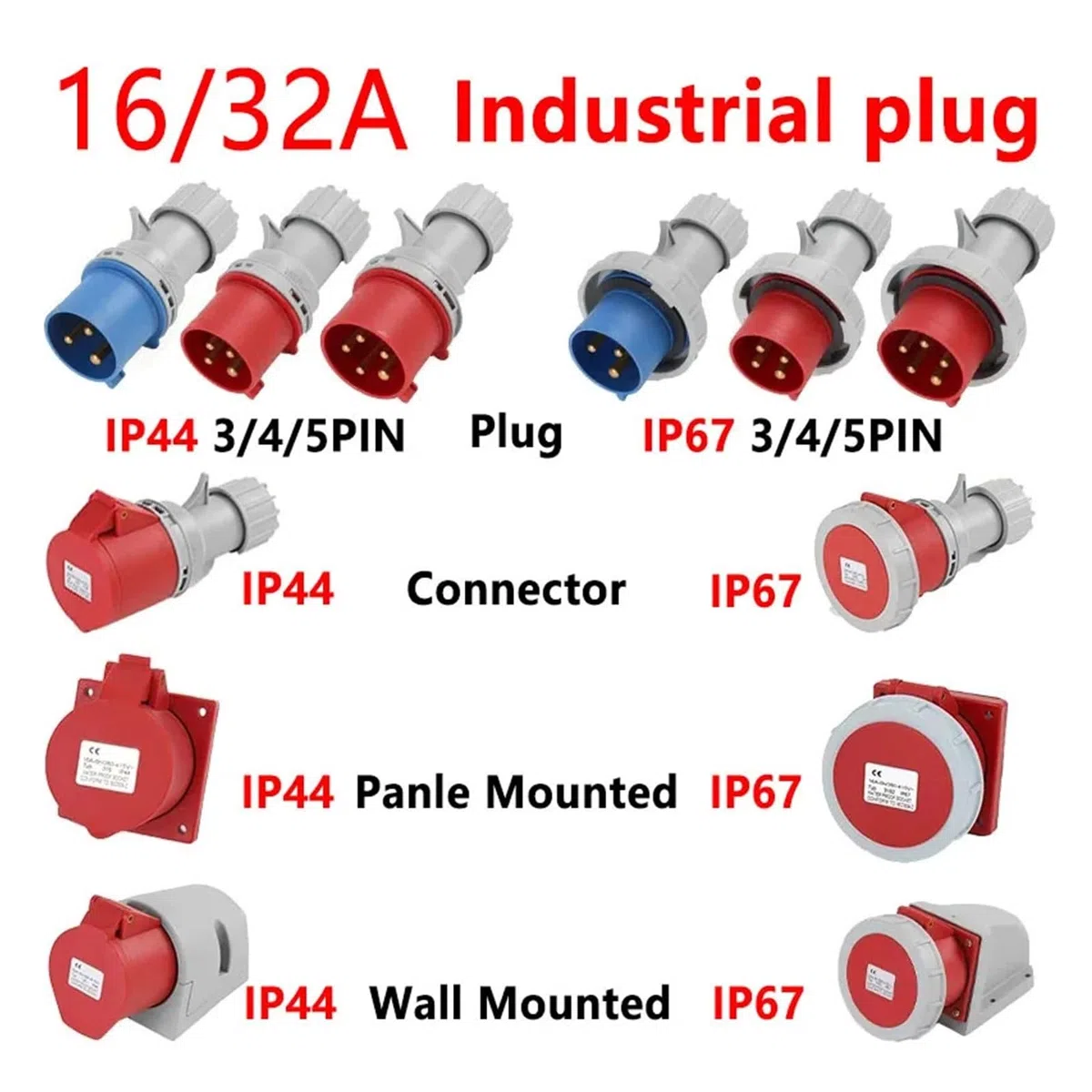 Enchufe y Toma Industrial de 16/32 A, Conector eléctrico 3 Pines, 4 5, IP67, for Montaje en Pared, Macho Hembra(16A Connector,50 PCS-4P IP67)