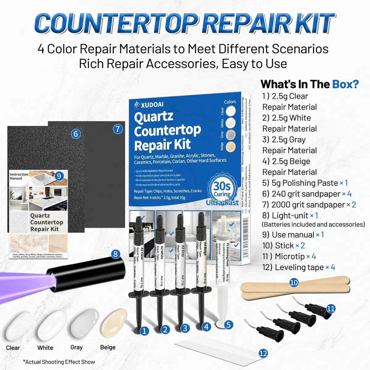 Kit de reparación para encimera de cuarzo (claro, blanco, gris, beige) 30s de curado rápido para bricolaje, piedra de lujo, kit de reparación de astillas de encimera de granito, mármol, acrílico