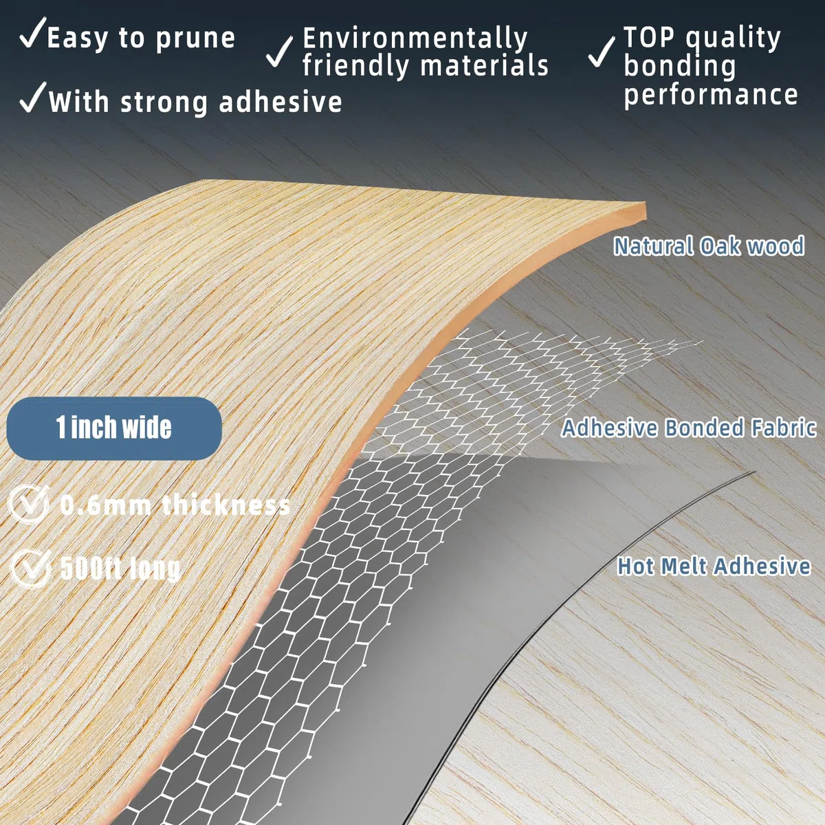Cinta de borde de roble, rollo de 1 pulgada x 500 pies de banda de borde de chapa, cinta de madera real flexible prepegada para reparación de gabinetes y restauración de muebles