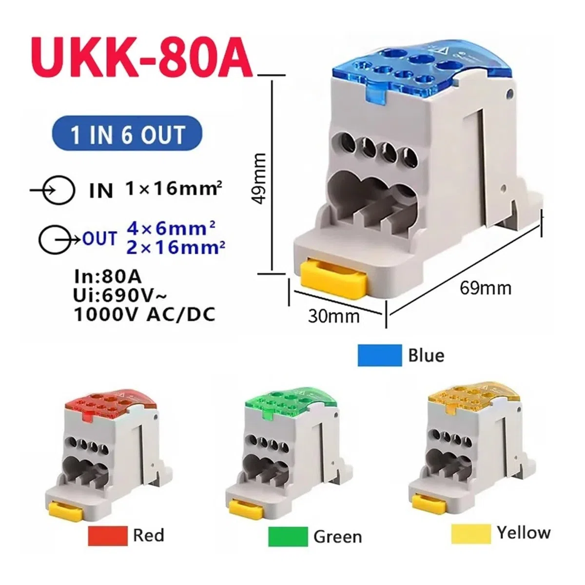 Caja de distribución del tablero de cableado Caja de distribución unipolar de derivación for carril DIN, bloque de terminales UKK 80A/125A/160A/250A/400A/500(UKK-80A,Blue,20 PCS)