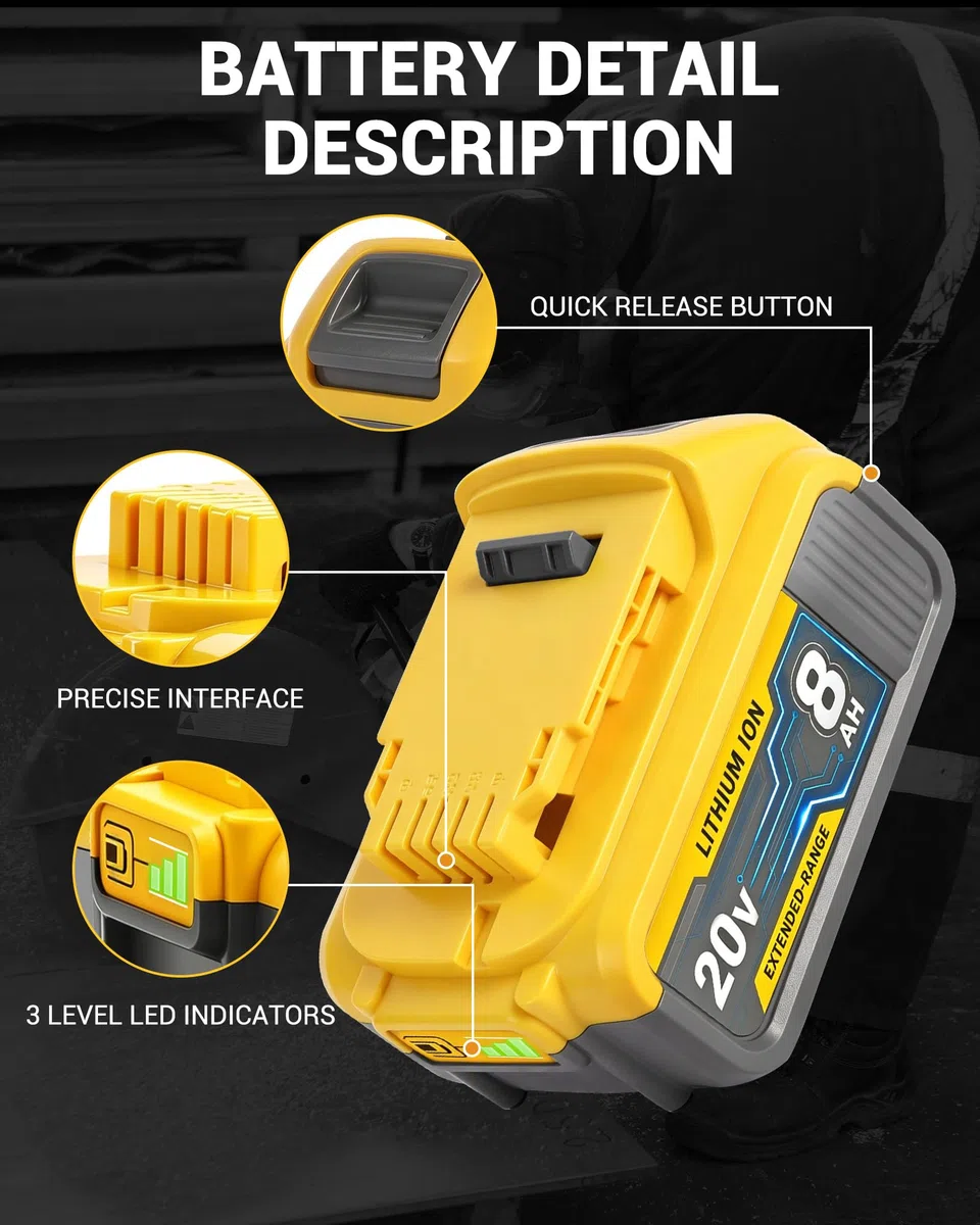 SANIU Paquete de 4 baterías de repuesto de 8.0 Ah para DeWalt 20 V MAX compatible con herramientas eléctricas inalámbricas Dewalt de 20 voltios, iones de litio DCB200 DCB208 DCB207 DCB206 DCB204
